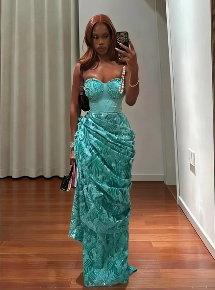 Vintage Lake Blue Strapless Beaded Jacquard Satin Long Prom Dress Evening Dress - VelvetHem