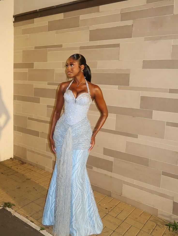Luxurious Sparkling Light Blue Halter Mermaid Beaded Tulle Long Prom Dress Evening Dress - VelvetHem