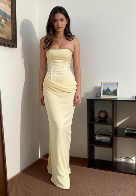Simple Light Yellow Mermaid Boned Corset Satin Long Prom Dress Evening Dress - VelvetHem