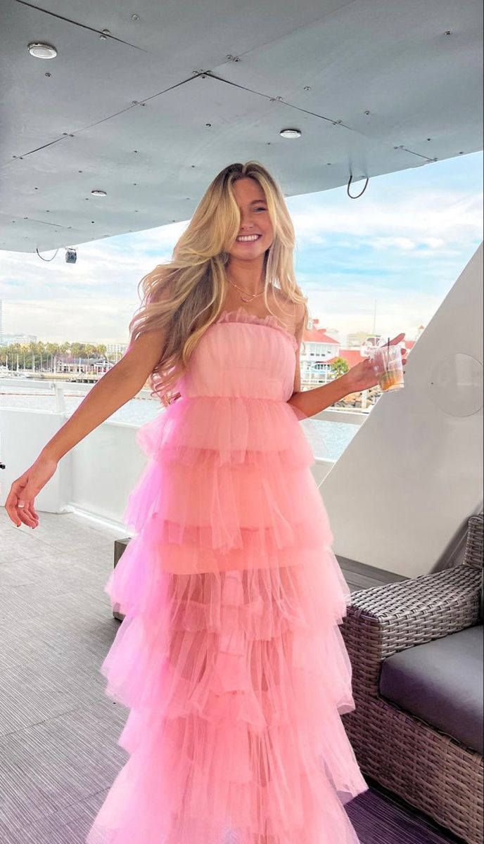 Elegant Pink Tulle Layered Long Prom Dress,Pink Evening Dress Y2303 - VelvetHem