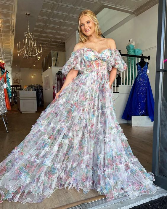 Elegant Off The Shoulder Flowers Long Prom Dress Tulle Evening Dress Y5889 - VelvetHem