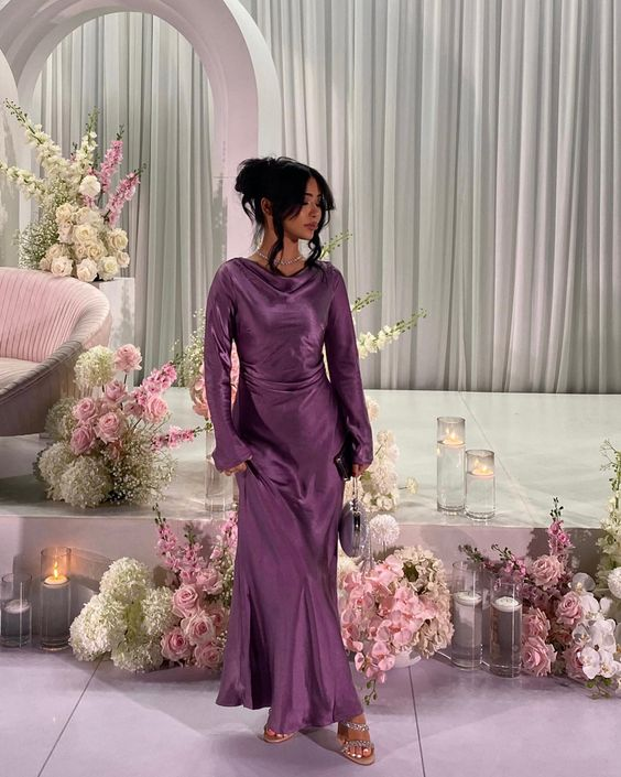 Simple Purple Long Sleeves Evening Dress,Wedding Guest Outfit - VelvetHem