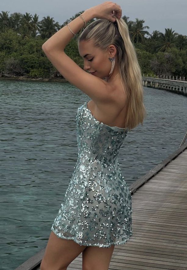 Sparkling Mint Green Tube Top Sequined Tight Hip Birthday Party Homecoming Dress - View 3 | VelvetHem