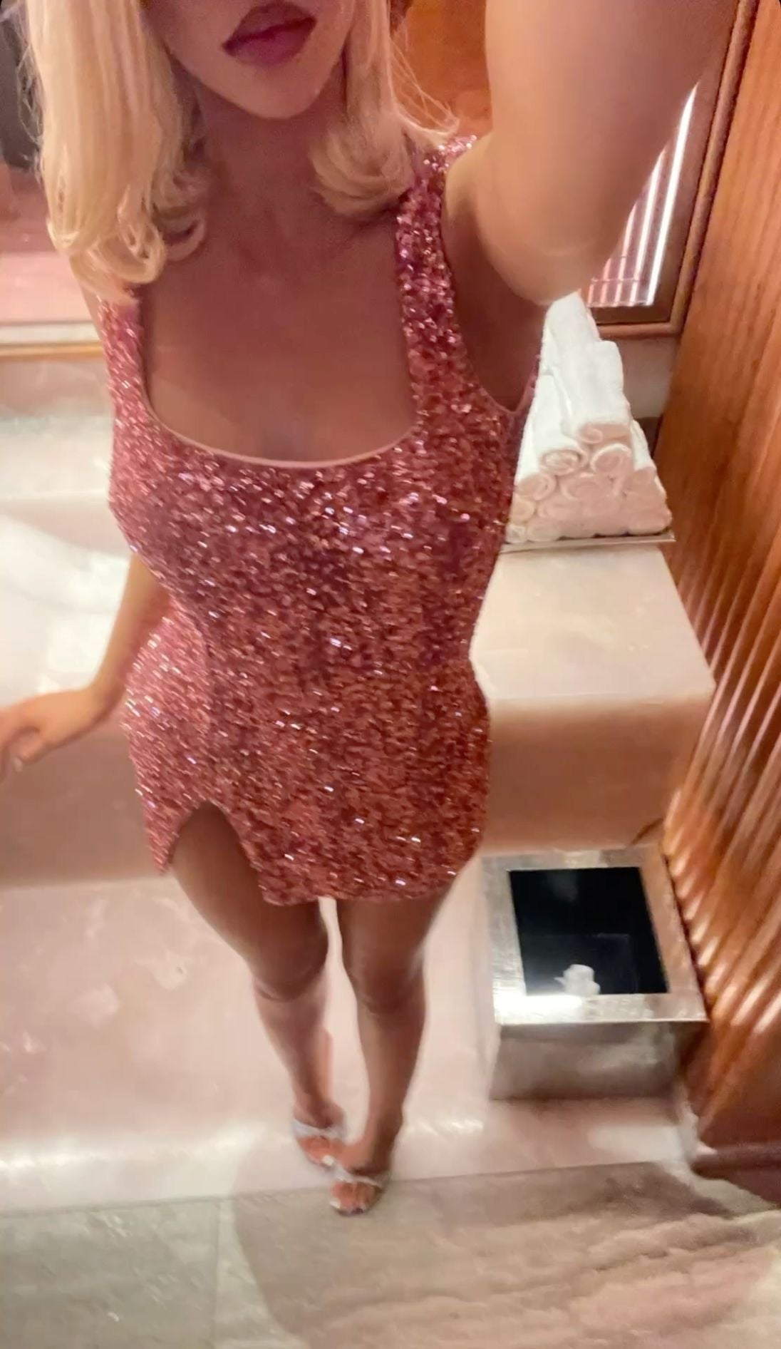 Gorgeous Pink Square Neck Sequin Side Slit Slim Short Birthday Dress Homecoming Dress - VelvetHem