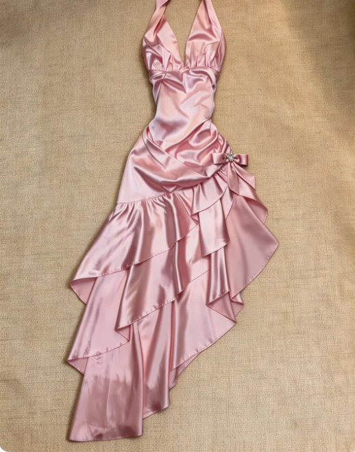 Sweet Pink Halter V-Neck Bow Ruffle Satin Prom Prom Birthday Dress