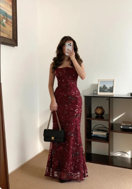 Vintage Burgundy Mermaid Sequin Beaded Lace Long Prom Dress Evening Dress