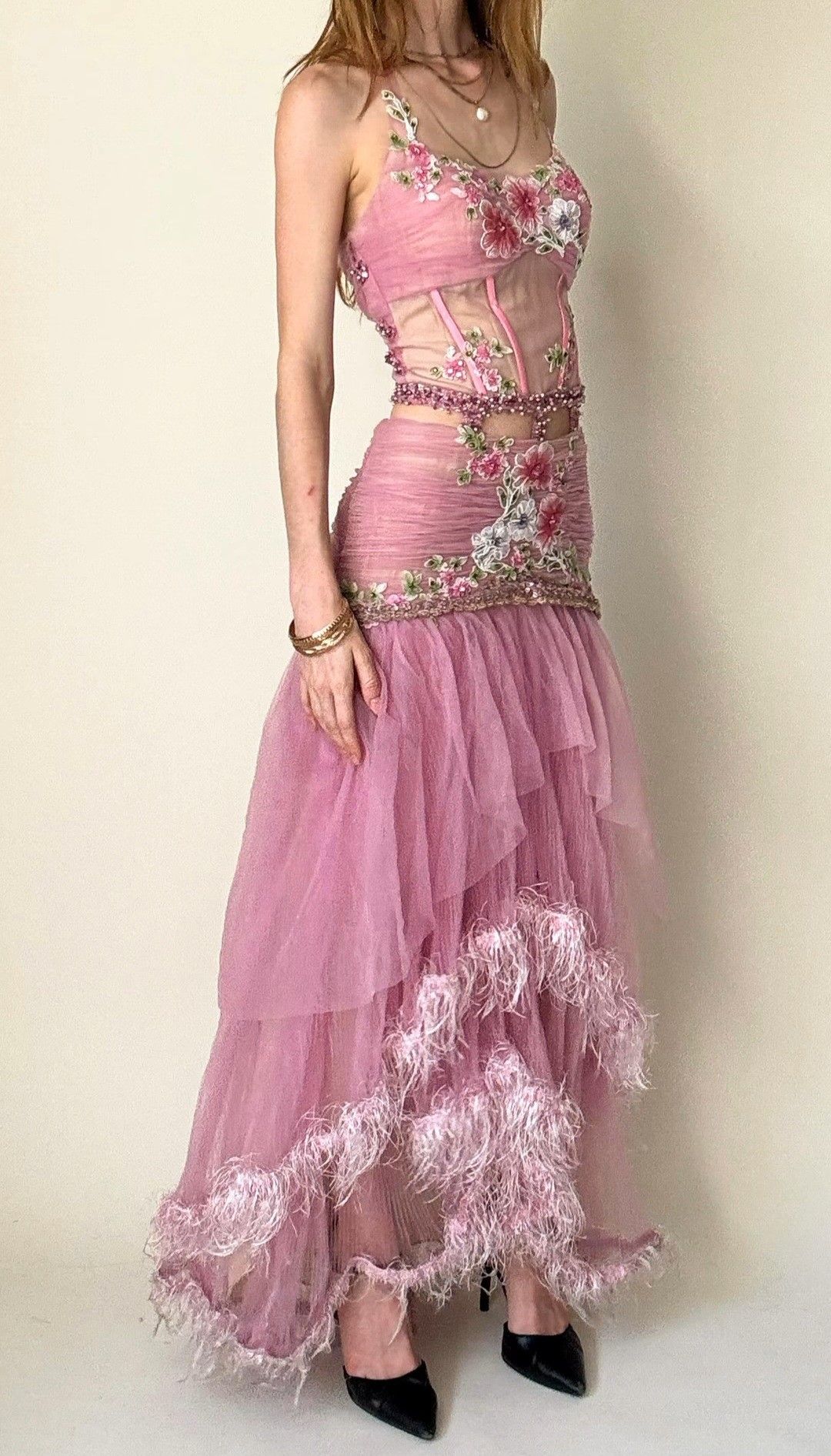 Vintage Pink A-line Embroidered Feather Tulle Long Prom Dress Evening Dress - VelvetHem