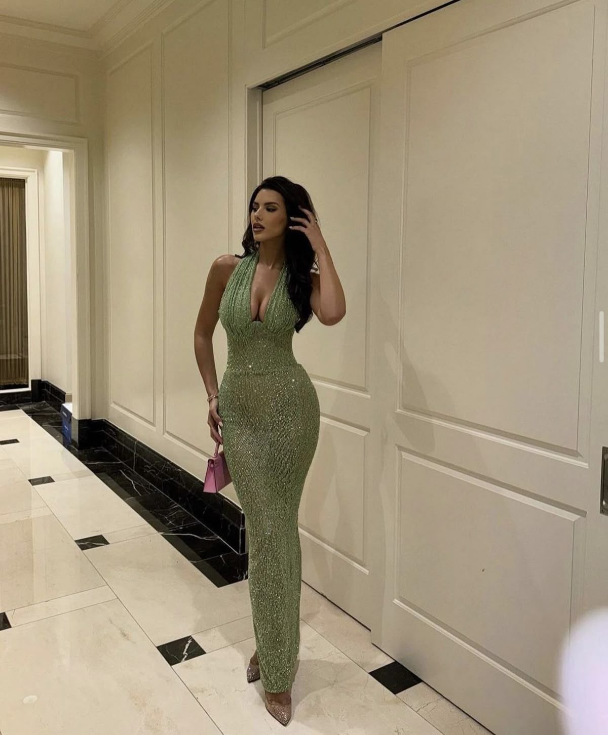 Sexy Light Green Mermaid Halter Neck Sequin Long Prom Dress Evening Dress - VelvetHem