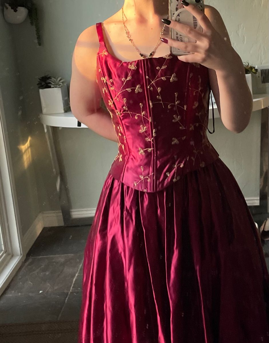 Vintage Burgundy A-line Strap Square Neck Embroidered Satin Long Prom Dress Evening Dress - VelvetHem