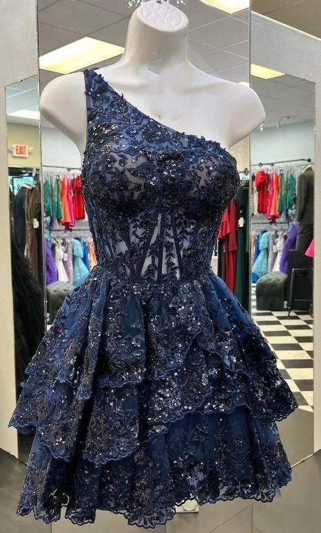 Elegant Navy Blue One-shoulder Sequined Lace Multi-layered A-line Skirt 16th Birthday Homecoming Dress - VelvetHem