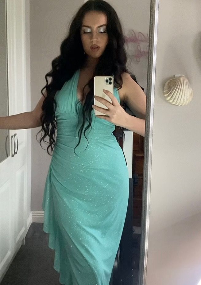 Sexy Mint Green Mermaid Halter Neck Deep V Neck Shimmering Chiffon Long Prom Dress Evening Dress - View 3 | VelvetHem