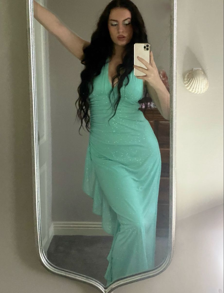 Sexy Mint Green Mermaid Halter Neck Deep V Neck Shimmering Chiffon Long Prom Dress Evening Dress - View 4 | VelvetHem