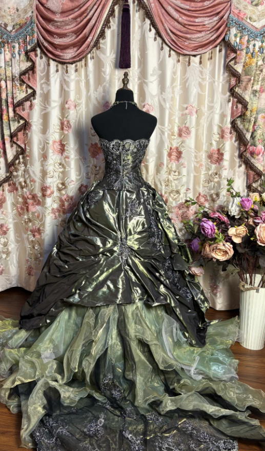 Retro Olive Green Strapless Satin tulle Appliques Beaded Ball Gown Formal Birthday Quinceanera Dress - View 2 | VelvetHem
