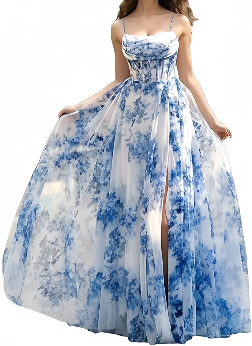 Elegant Spaghetti Strap Blue Chiffon Print Floral Prom Dress ,Formal Slit A Line Evening Dress - View 4 | VelvetHem
