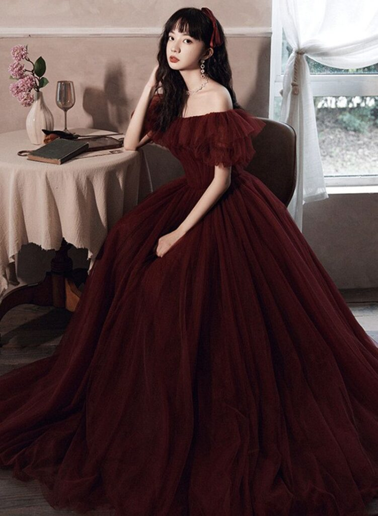 Burgundy Off The Shoulder Tulle Line Prom Dress Evening Dress Y8351 - VelvetHem