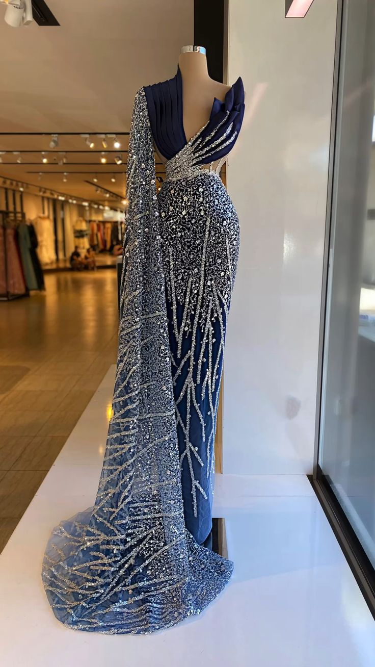 Navy Blue One Shoulder Evening Dresses V Neck Prom Gowns Custom Made Sequin Sparkly Formal Party Dresses Y4936 - VelvetHem