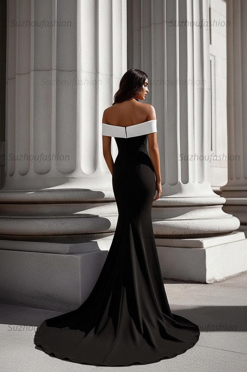 Suzhoufashion White Mermaid Off The Shoulder Long Satin Black Tie Dress