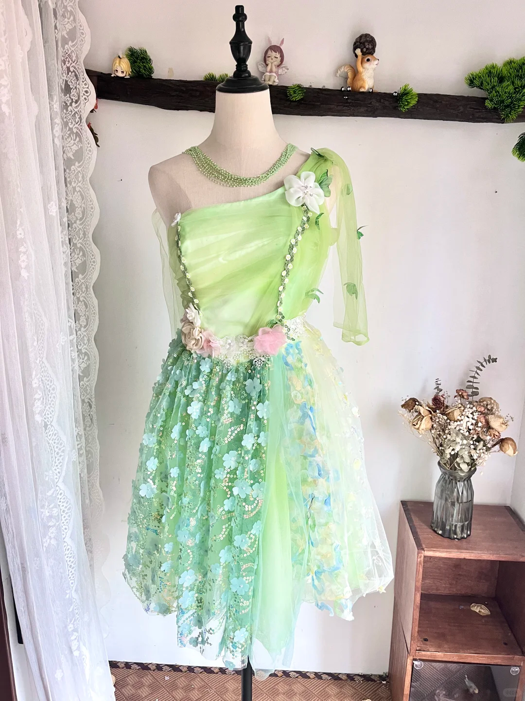 Elegant One Shoulder Green Tulle Lace Appliques Short Party Dress 6th Grade Homecoming Dress - VelvetHem