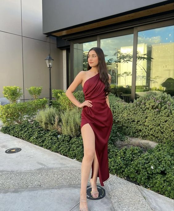 Burgundy One Shoulder Prom Dress Fashion Evening Dress Y6247 - VelvetHem