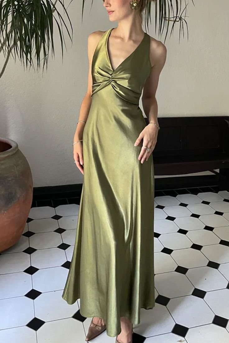 Vintage Olive Green V Neck Satin Long Prom Dress Evening Dress - VelvetHem
