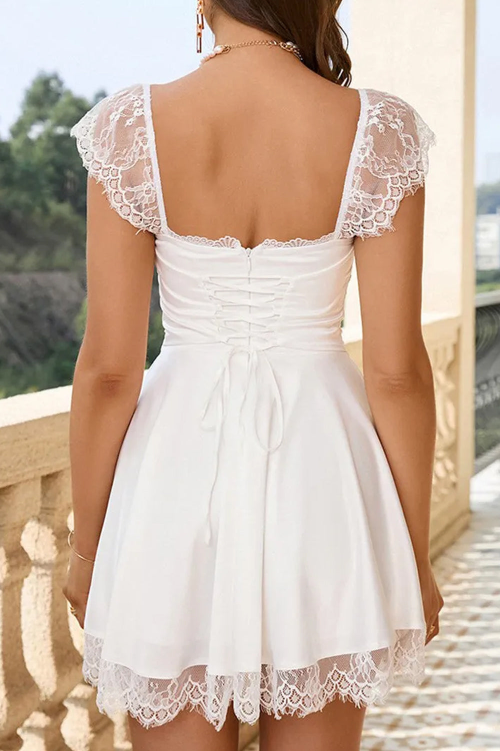 Square Neck Cap Sleeves Soft White Mini Graduation Dress - View 2 | VelvetHem