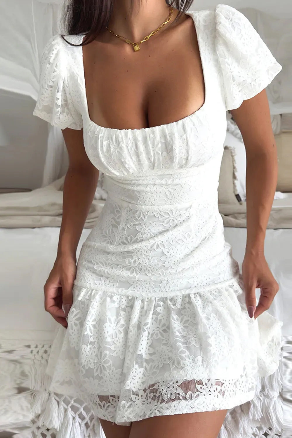 White A-Line Short Sleeves Square Neck Lace Up Graduation Dress - View 3 | VelvetHem