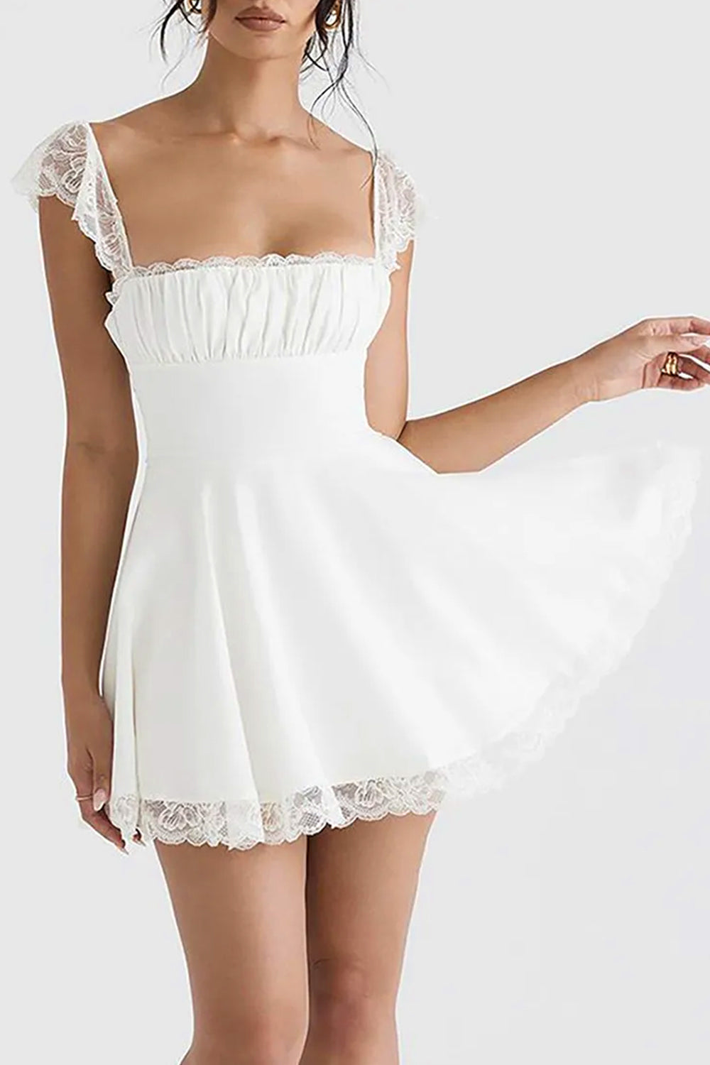Cute A-Line Square Neck Lace Cap Sleeves Little White Graduation Dress - View 3 | VelvetHem