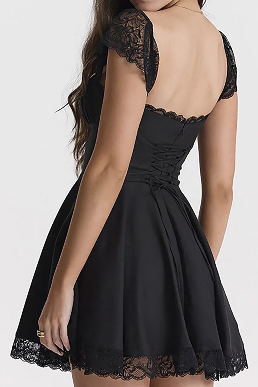Cute A-Line Square Neck Lace Cap Sleeves Little White Graduation Dress - View 10 | VelvetHem