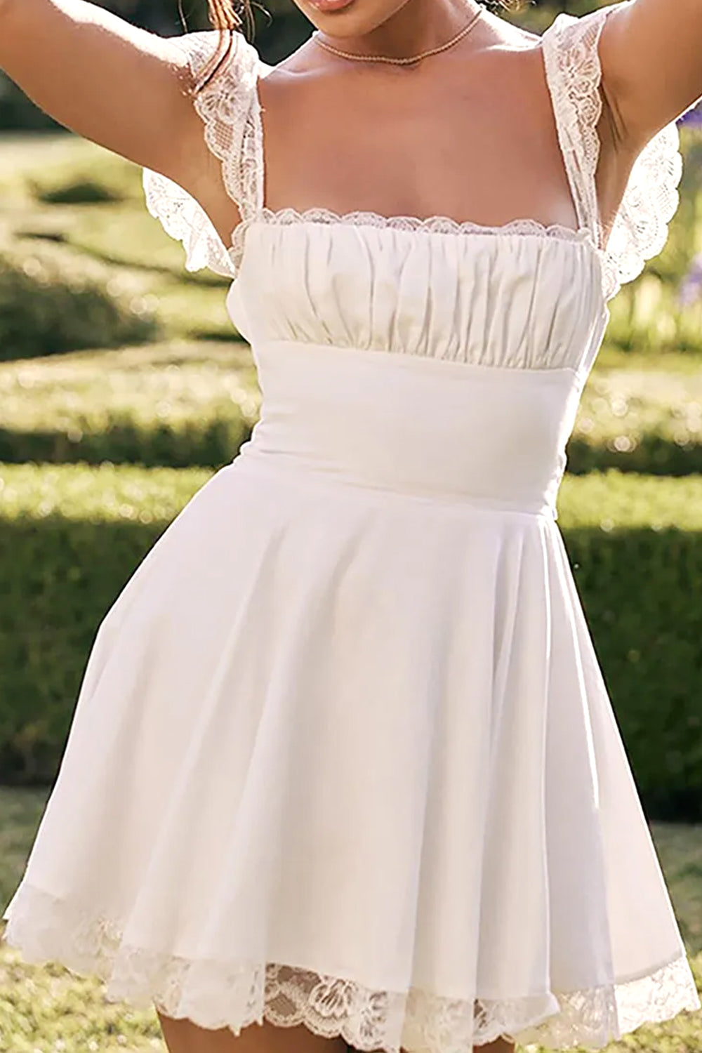 Cute A-Line Square Neck Lace Cap Sleeves Little White Graduation Dress - View 4 | VelvetHem