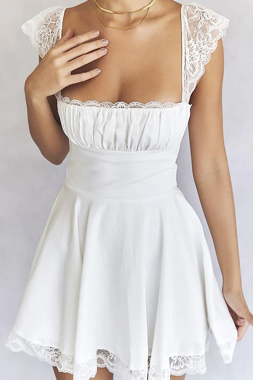 Cute A-Line Square Neck Lace Cap Sleeves Little White Graduation Dress - VelvetHem