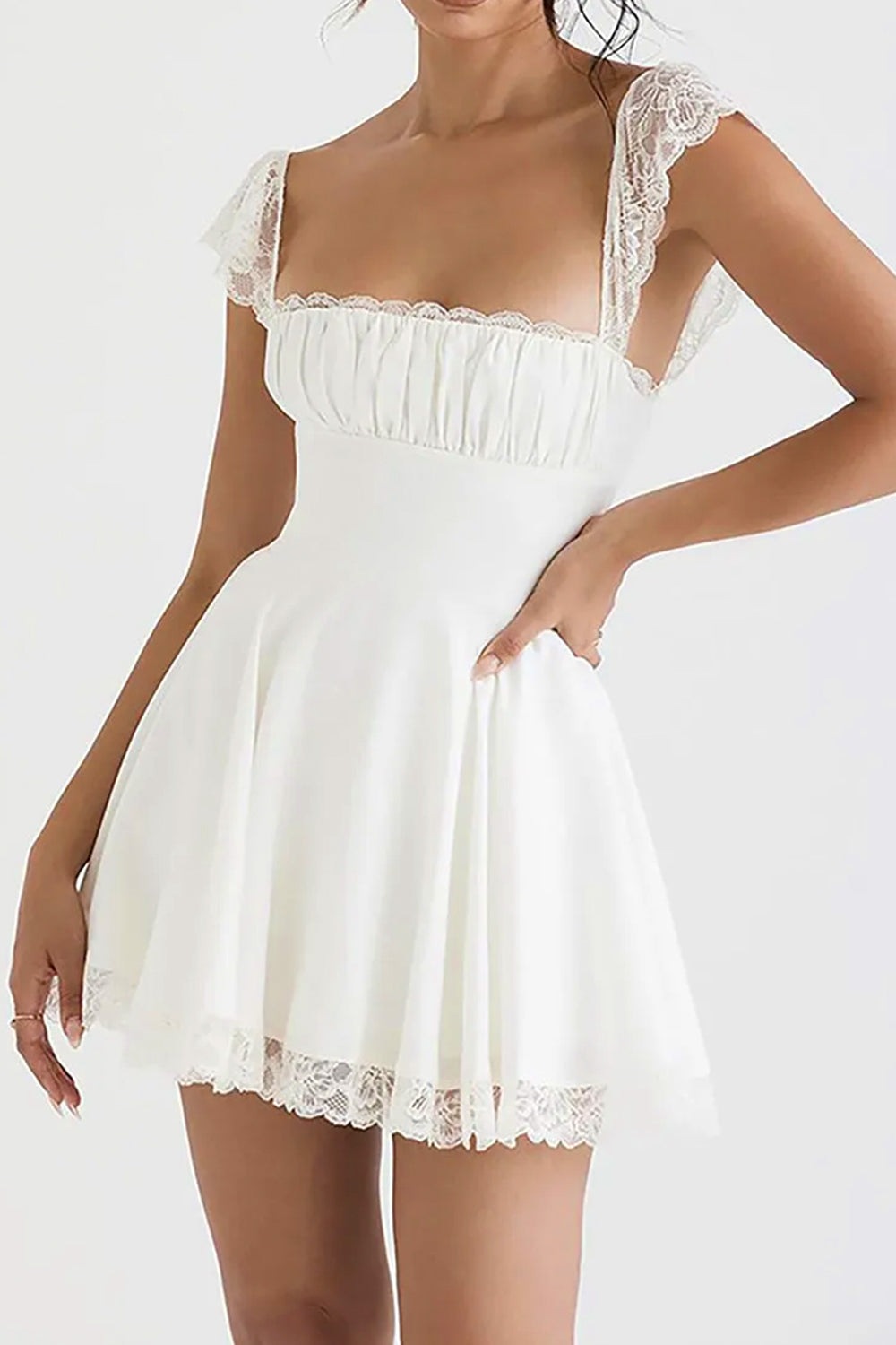Cute A-Line Square Neck Lace Cap Sleeves Little White Graduation Dress - View 5 | VelvetHem