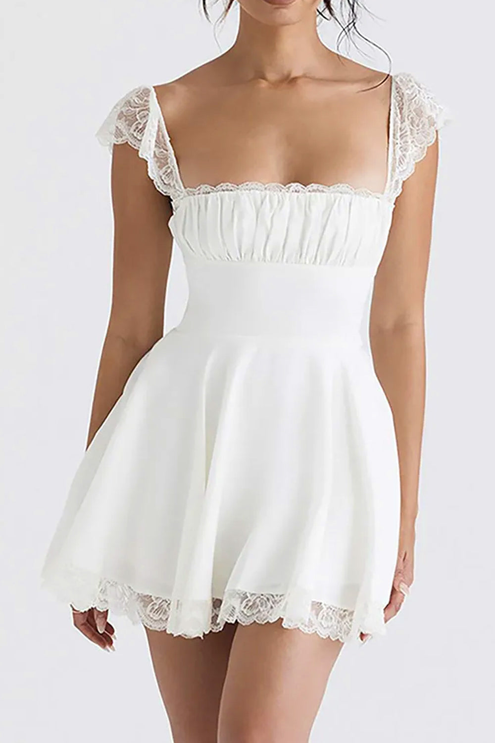 Cute A-Line Square Neck Lace Cap Sleeves Little White Graduation Dress - View 6 | VelvetHem
