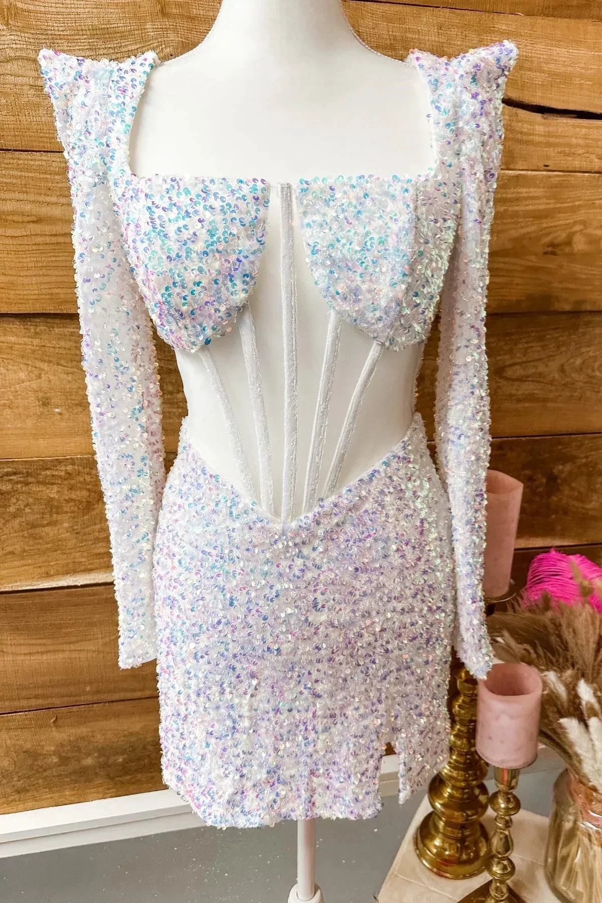 Iridescent White Sequins Long Sleeves Square Neck Homecoming Dress (ZD11975) - VelvetHem