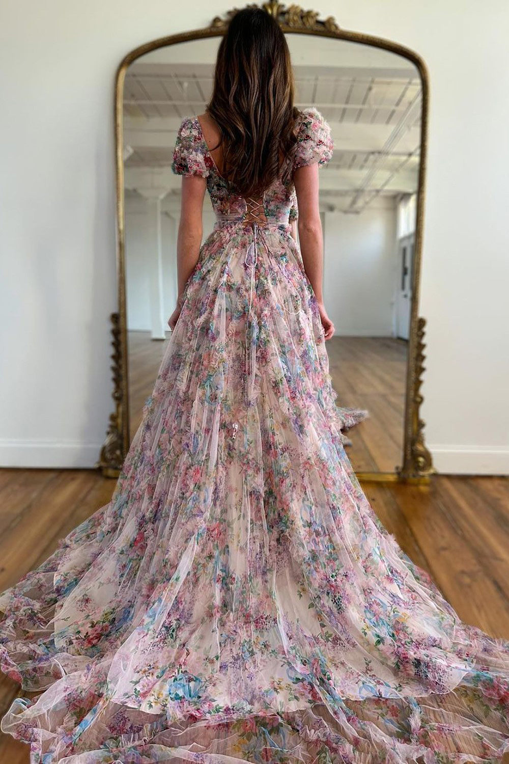 A-Line Square Neck Cap Sleeves Long Print Tulle Prom Dress With Beading