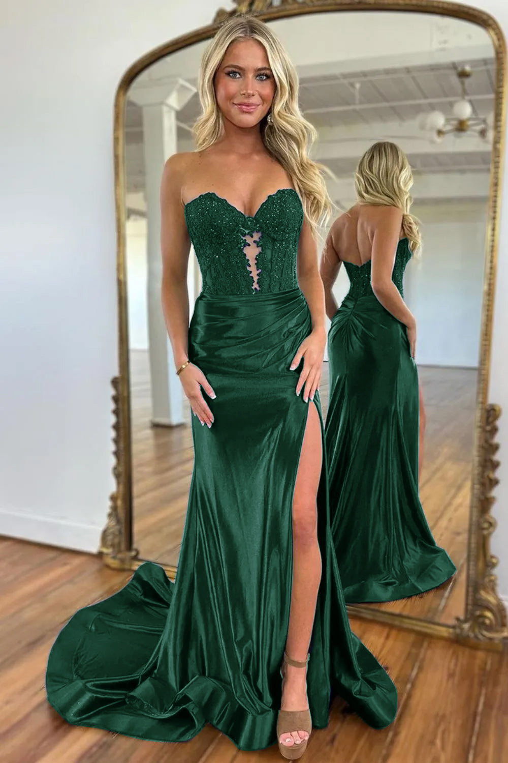 Navy Blue Sweetheart Mermaid Long Satin Prom Dress With Split