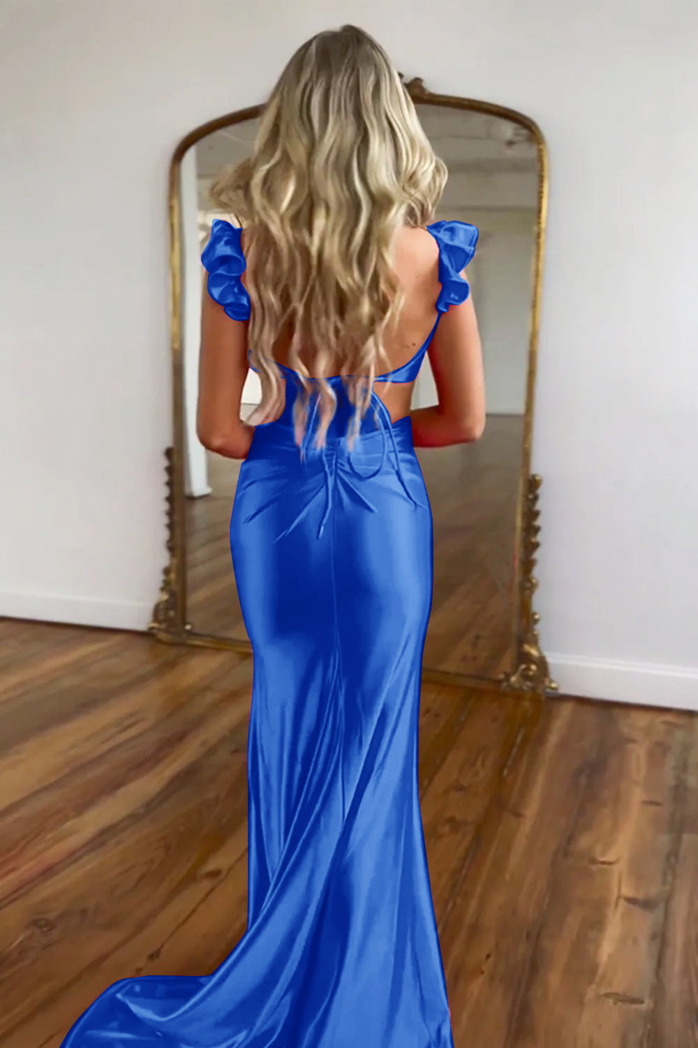 Hot Pink Satin Cutout Waist Mermaid Long Prom Dress With Flower