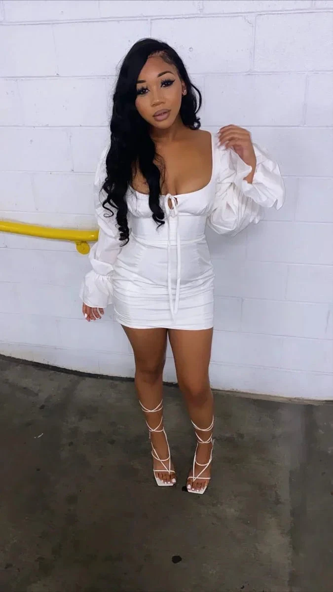 Solid Color Sweet Puff Sleeve Mini Dress White Homecoming Dress (ZD12735) - VelvetHem