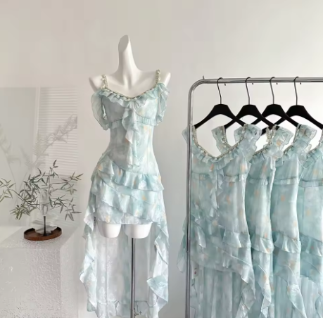 Simple Chiffon Blue Ruffle Party Dress Prom Gown - VelvetHem
