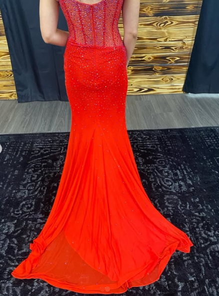 Charming Red Spaghetti Straps Slit Mermaid Evening Dress Formal Prom Dress With Beaded - View 3 | VelvetHem