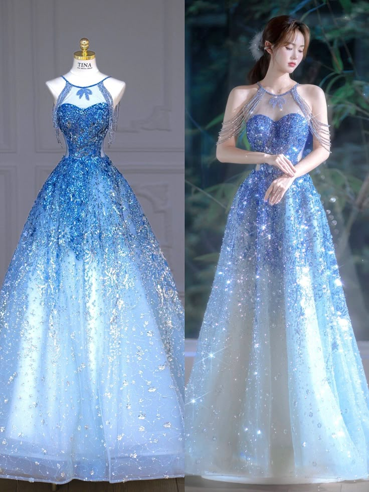 Fairy Blue Sequins Beaded Evening Dress ,Off The Shoulder Prom Dress Party Dress - VelvetHem