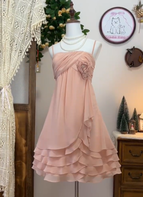 Pretty Rose Pink Spaghetti Straps Layered Chiffon Homecoming Dress Cocktail Dress - View 2 | VelvetHem