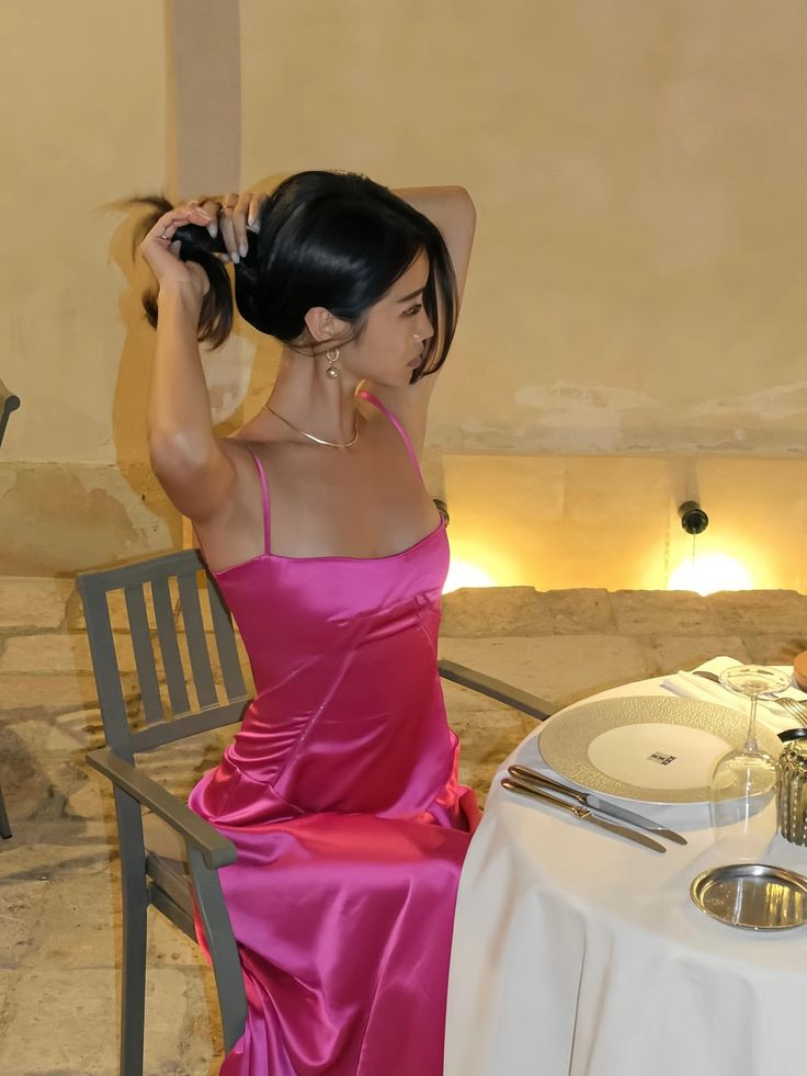 Charming Hot Pink Straps Satin A Line Long Evening Dress Party Dress