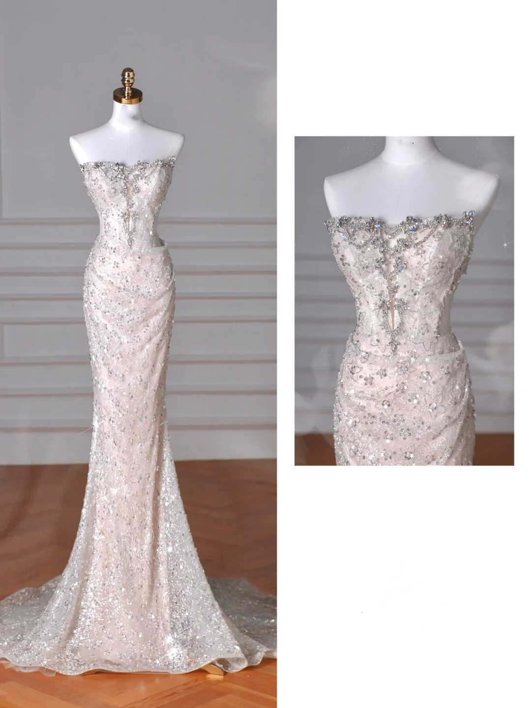 Sparkly Strapless Tulle Sequins Mermaid Prom Dress Long Evening Dress Y8616