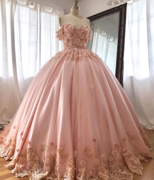 Pink Embroidered Lace Quinceanera Dresses Ball Gowns - VelvetHem
