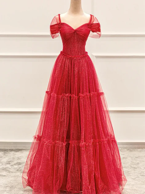 Pretty Red Tulle Off The Shoulder Evening Dress Shiny Sweetheart Prom Party Dress - VelvetHem