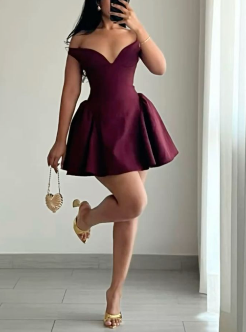 Simple Burgundy Satin A Line 7th Grade Homecoming Dress Off The Shoulder Short Birthday Party Dress