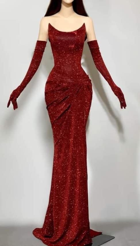Charming Sequins Red Mermaid Evening Dress Formal Prom Dress With Gloves Y7800 - VelvetHem