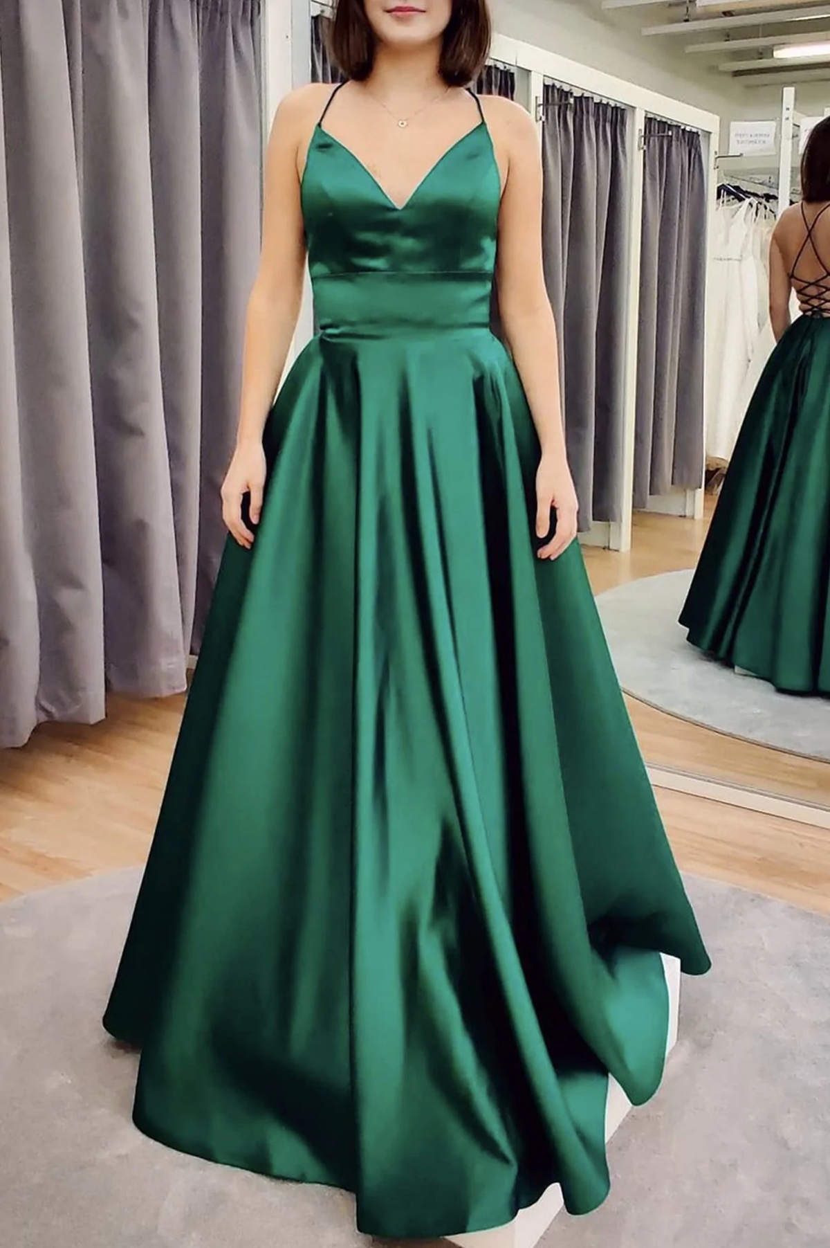 Green V Neck Backless Satin Prom Dresses, Open Back Green Satin Formal Evening Dresses - VelvetHem
