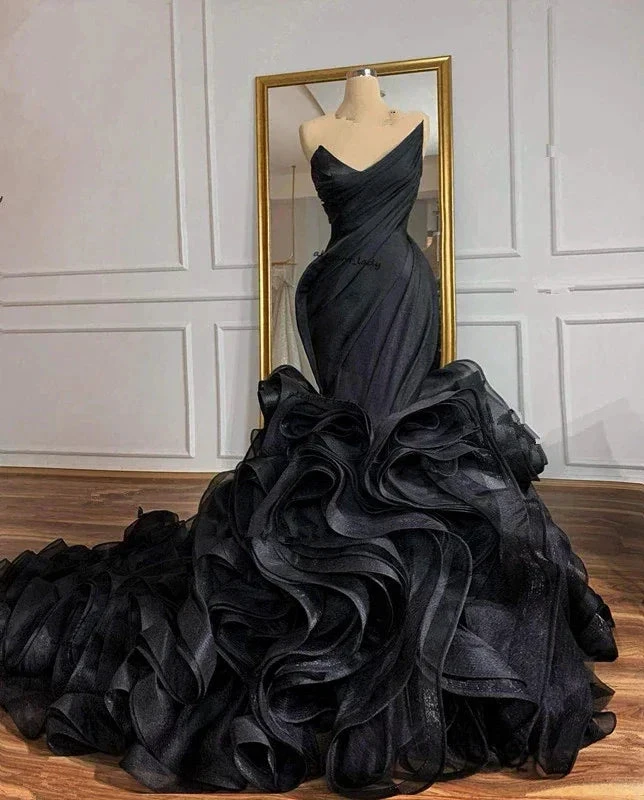 Women's Mermaid Wedding Dress Gothic Organza Corset Cascading Ruffles Back Train Brides Dress Y988 by simplepromdress