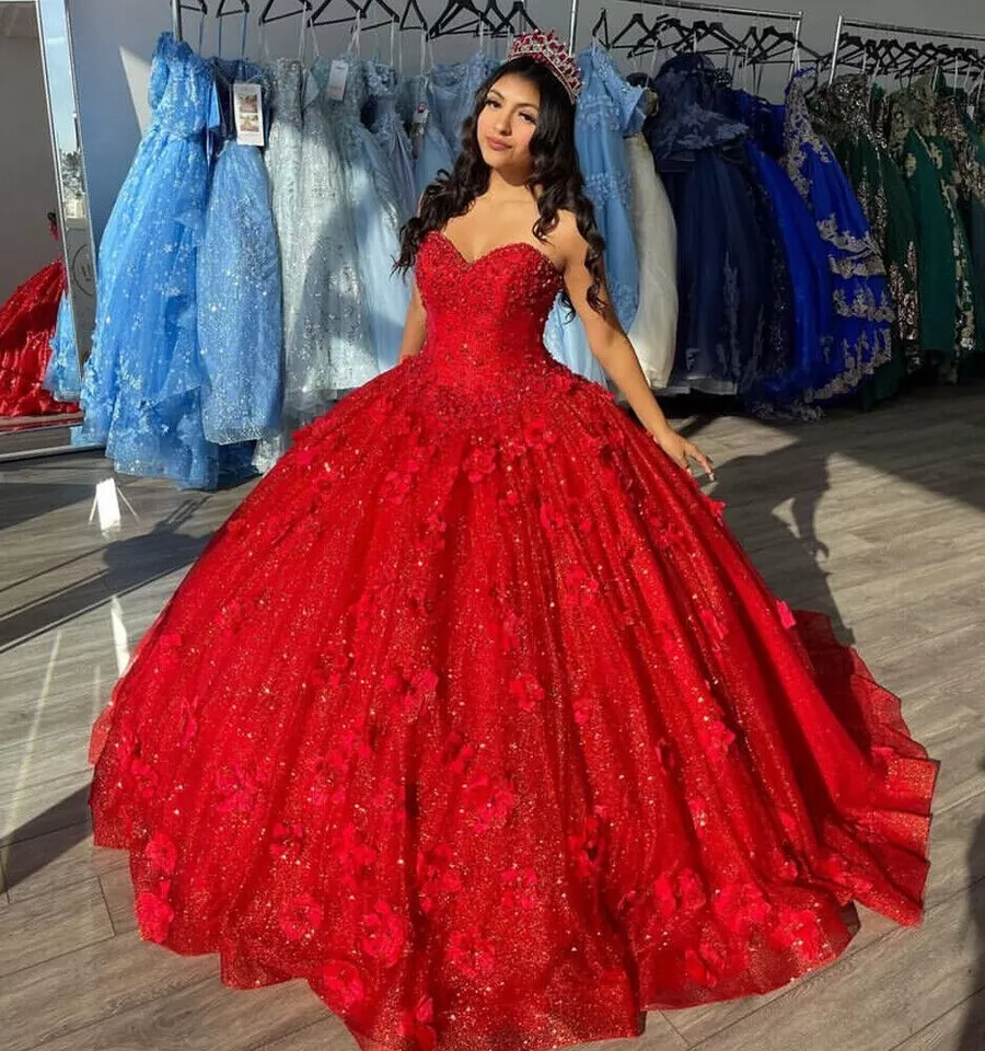 Classy Strapless Red Sequin Tulle Appliques Ball Gown ,Formal Sweet 16 Dress - VelvetHem